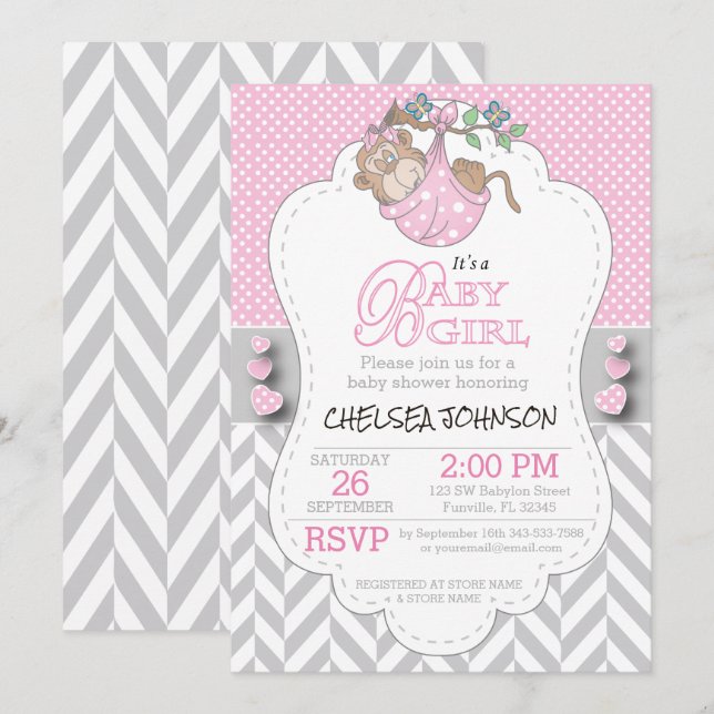 Pink, White Gray Monkey Baby Shower Invitation (Front/Back)