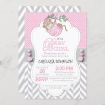 Pink, White Gray Monkey Baby Shower Invitation