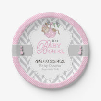 Pink, White Gray Monkey Baby Shower Paper Plates