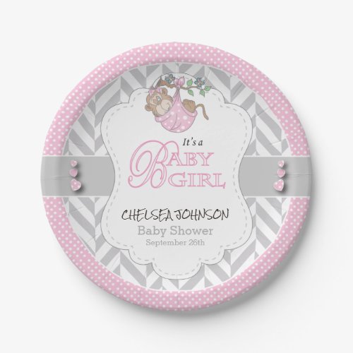 Pink White Gray Monkey Baby Shower Paper Plates