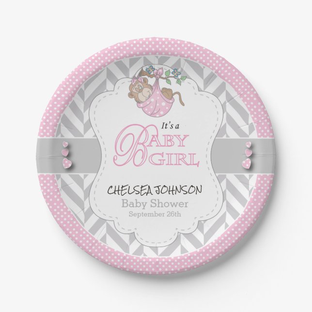 Pink, White Gray Monkey Baby Shower Paper Plates (Front)