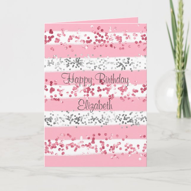 Pink White Gray Silver Glitter Birthday Card (Front)