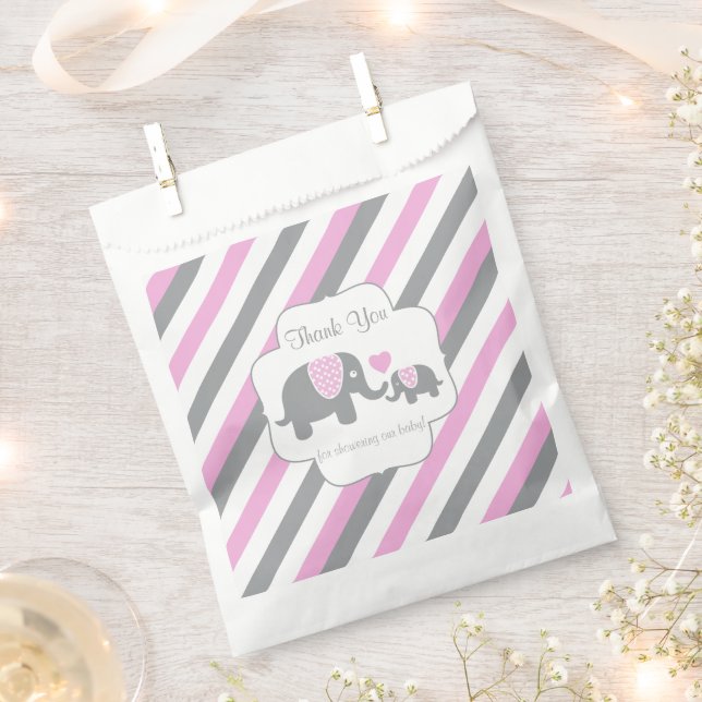 Pink, White Gray Stripe Elephant  Thank You Favor Bag (Clipped)