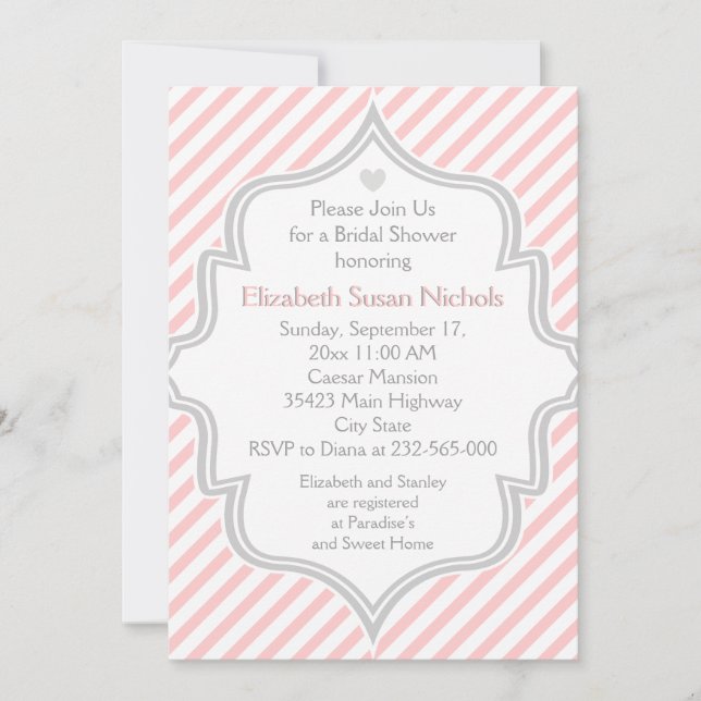 Pink, white, gray stripes wedding bridal shower invitation (Front)