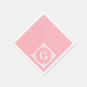 Pink White Greek Key Frame #2 Initial Monogram Napkins