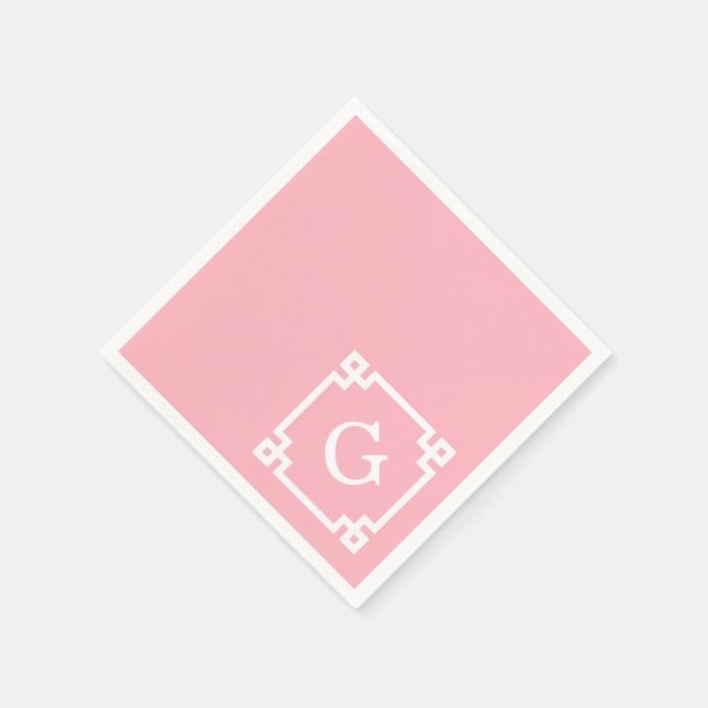 Pink White Greek Key Frame #2 Initial Monogram Napkins (Corner)