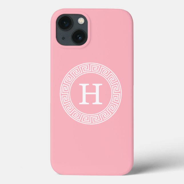 Pink White Greek Key Rnd Frame Initial Monogram Case-Mate iPhone Case (Back)