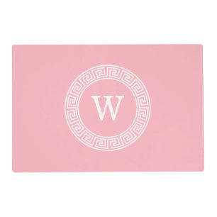 Pink White Greek Key Rnd Frame Initial Monogram Placemat