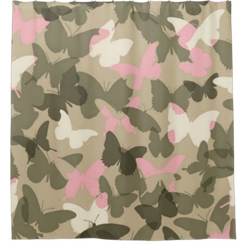 PINK WHITE  GREEN BUTTERFLY CAMO SHOWER CURTAIN