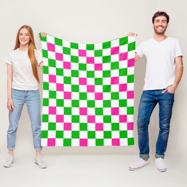 Pink White Green Checkered Design  Fleece Blanket (In Situ)
