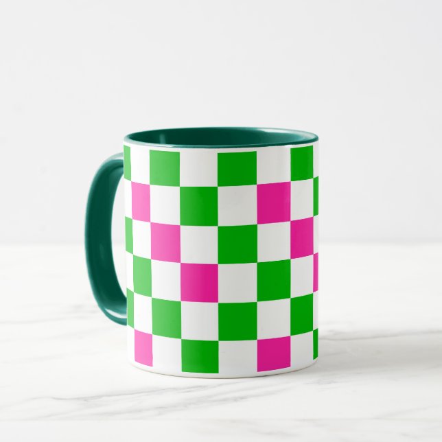 Pink White Green Checkered Design  Mug (Front Left)