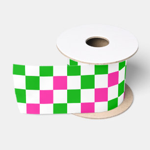 Pink White Green Checkered Design Satin Ribbon