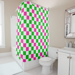Pink White Green Checkered Design Shower Curtain