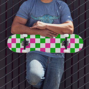 Pink White Green Checkered Design Skateboard