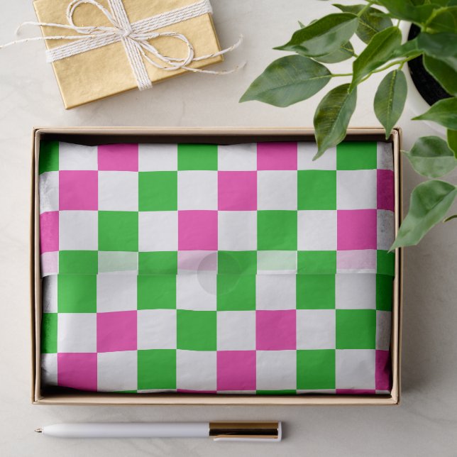 Pink White Green Checkered Design  Tissue Paper (Gift)