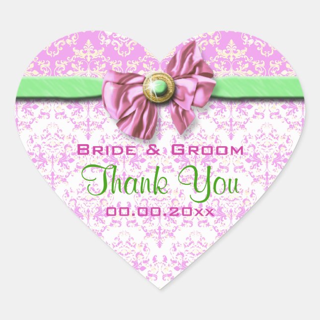 Pink white green damask elegant heart sticker (Front)