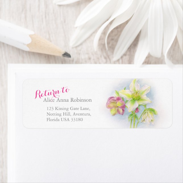 Pink white green hellebore Spring wedding Label (Insitu)