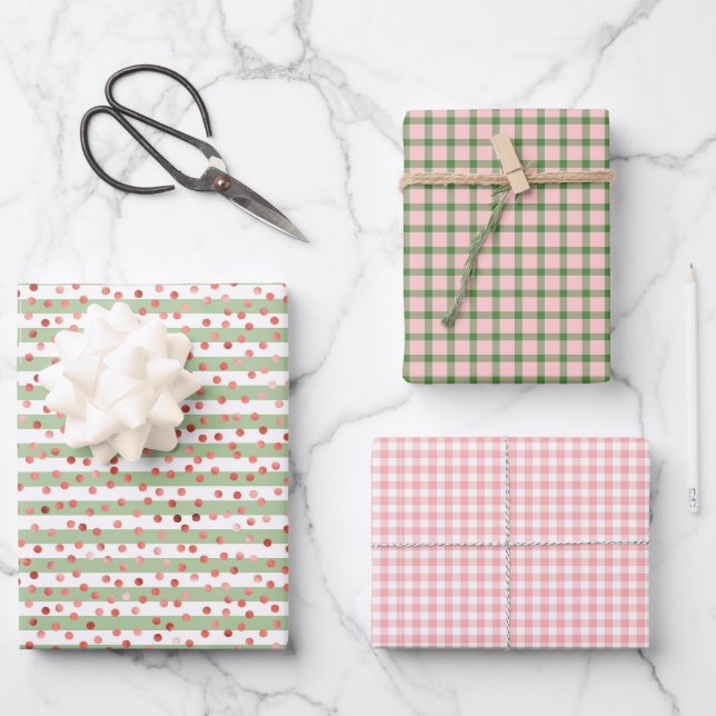 Pink White Green Plaid Stripes Girls Birthday Wrapping Paper Sheets (Front)