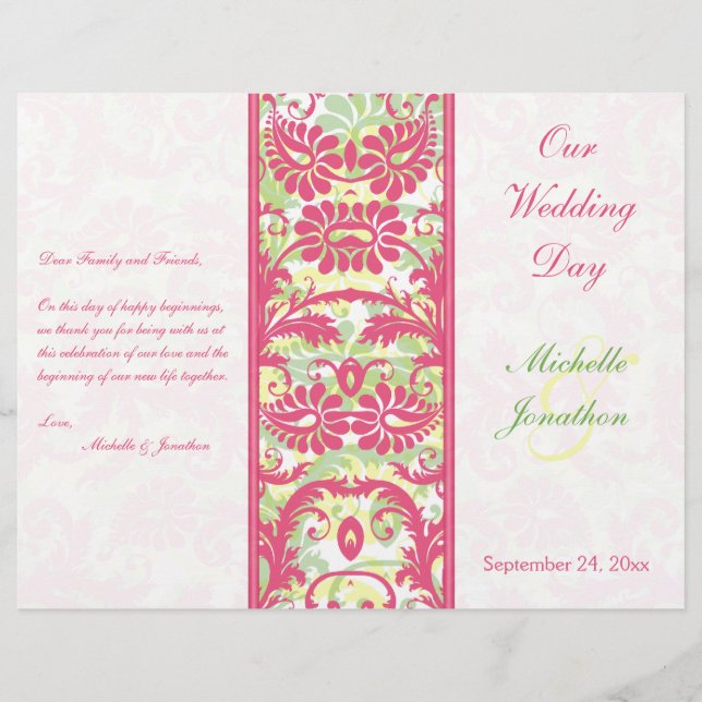 Pink, White, Green, Yellow Damask Wedding Program (Front)