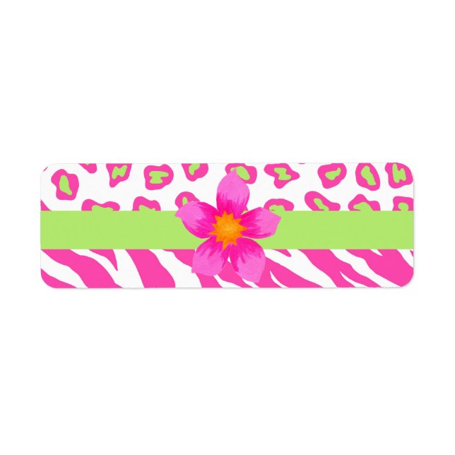 Pink, White & Green Zebra & Cheetah & Pink Flower Label (Front)