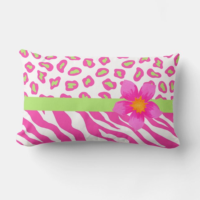 Pink, White & Green Zebra & Cheetah & Pink Flower Lumbar Pillow (Front)
