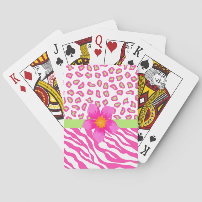 Pink, White & Green Zebra & Cheetah & Pink Flower Poker Cards (Back)