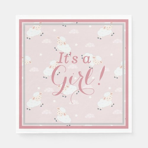 Pink White Grey Baby Lambs _ Its a Girl   Napkins