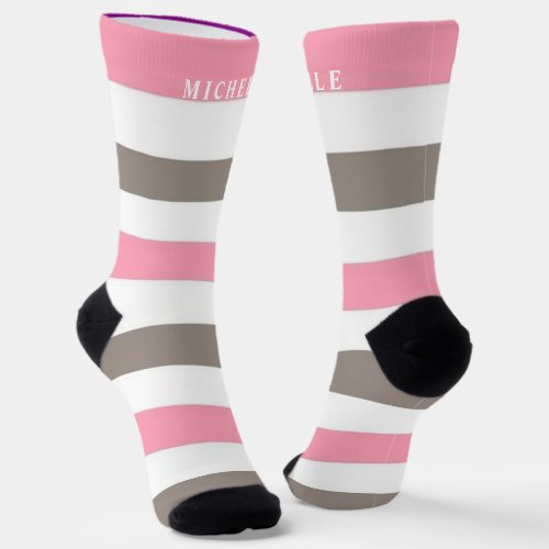 Pink White Grey Brown Lines Striped Custom Name  Socks
