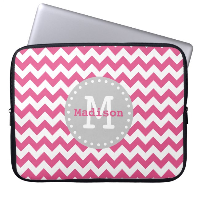 Pink White Grey Chevron Zigzag Monogram Laptop Sleeve (Front)