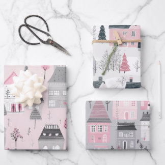 Pink White Grey Christmas Houses Vintage Wrapping Paper Sheets