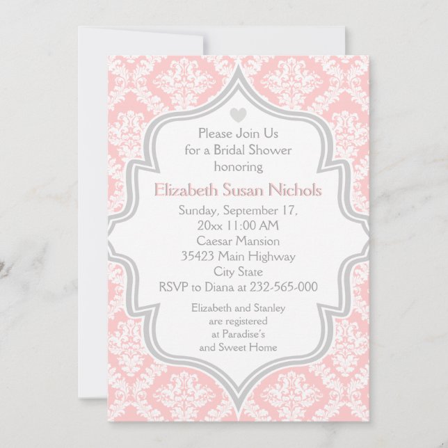 Pink, white, grey damask wedding bridal shower invitation (Front)