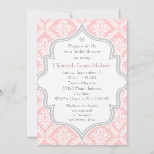 Pink, white, grey damask wedding bridal shower announcement