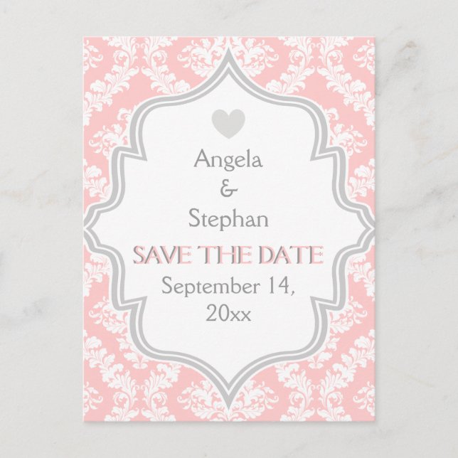 Pink, white, grey damask wedding Save the Date Announcement Postcard (Front)