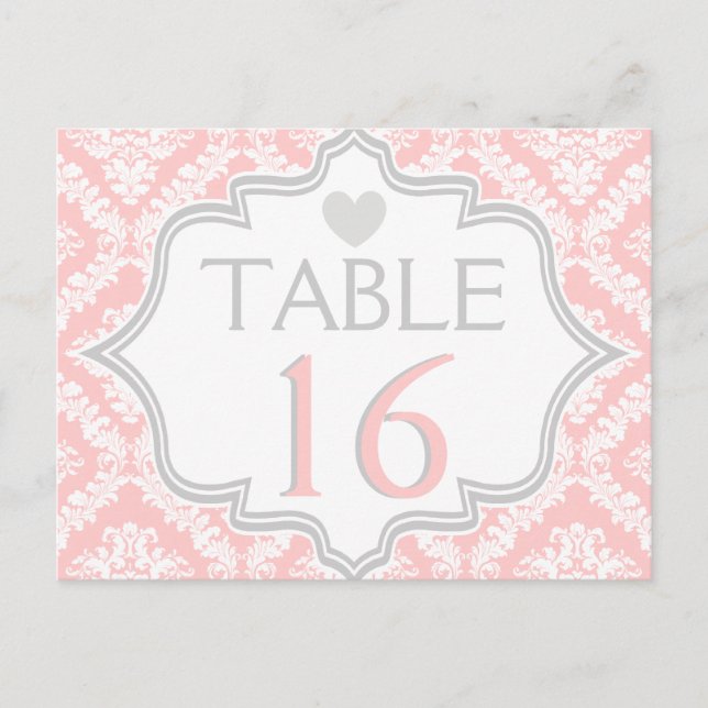 Pink, white, grey damask wedding table number (Front)