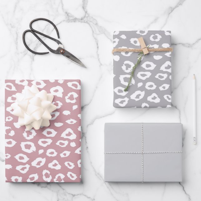 Pink White Grey Leopard Birthday Wrapping Paper Sheets (Front)