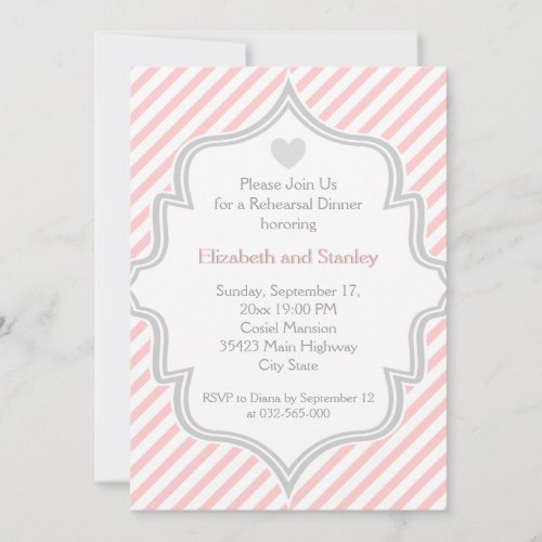 Pink white grey stripes wedding Rehearsal Dinner Invitation