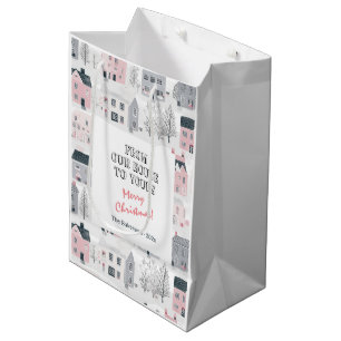 Pink White Grey Vintage Houses Christmas Medium Gift Bag