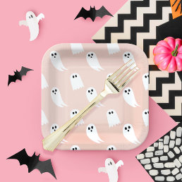 Pink &amp; White Halloween Ghost &amp; Pattern Paper Paper Plates