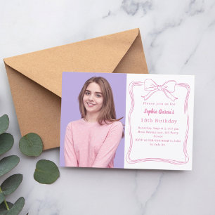 Pink white hand-drawn bow photo pink birthday invitation