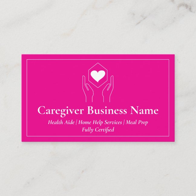 Pink White Hand Heart Minimal Caregiver Business Card