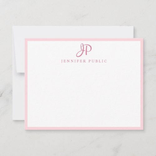 Pink White Hand Script Name Monogram Simple Note Card