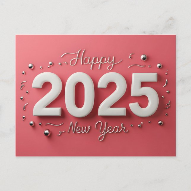 Pink white happy new year 2025 holiday postcard (Front)