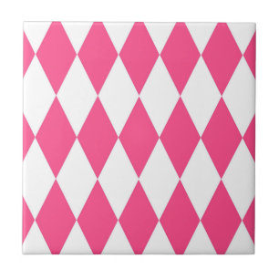 Pink White Harlequin Diamonds Checkers Design  Ceramic Tile