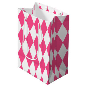Pink White Harlequin Diamonds Checkers Design  Medium Gift Bag