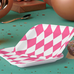 Pink White Harlequin Diamonds Checkers Design Paper Plates