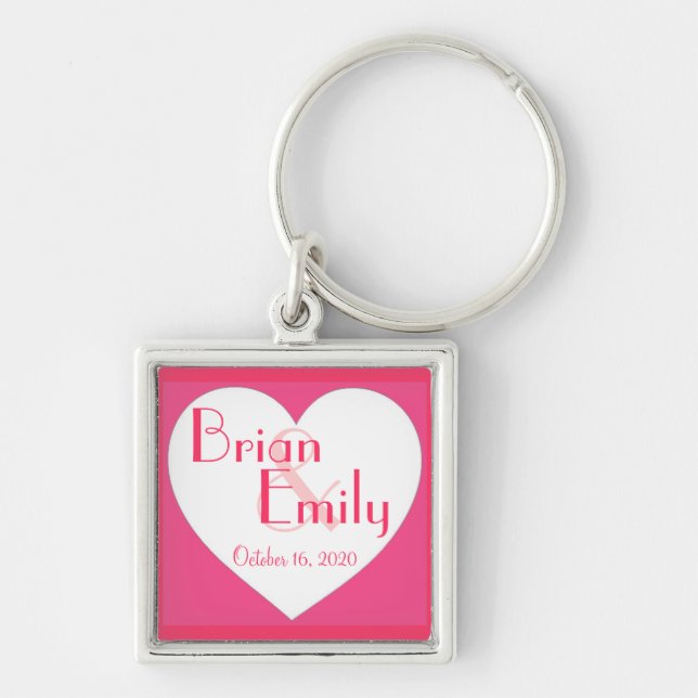 Pink white heart customizable wedding keychain (Front)