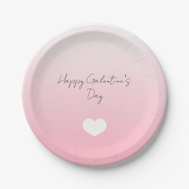 Pink White Heart Happy Galentine's Day Custom Paper Plates (Front)