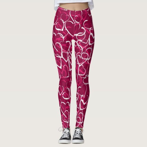 Pink white heart pattern on magenta background leggings