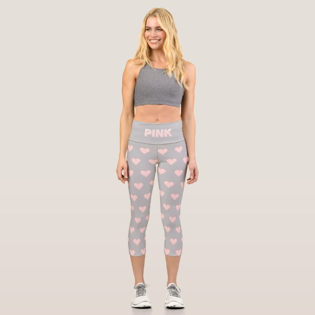 Pink White Heart Pattern & Text on Silver Gray Capri Leggings (Front)
