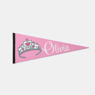Pink White Heart Princess Tiara Crown Personalized Pennant Flag